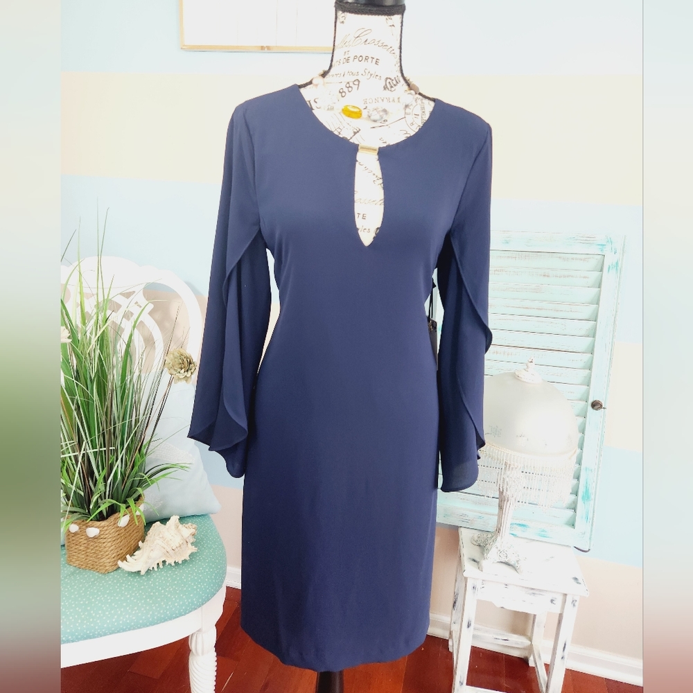NWT Kensie Navy Split Sleeve Keyhole Crepe Dress - Picture 4 of 12